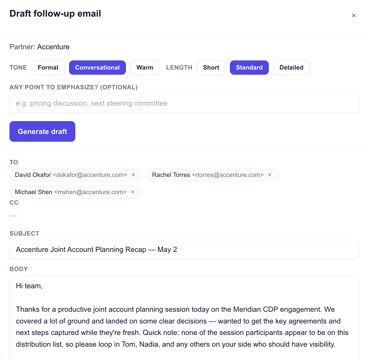AI-drafted follow-up email modal addressed to Rachel Torres at Accenture with subject Accenture Joint Account Planning Recap, body summarizing both sides' next steps, and action buttons to copy or open in Gmail