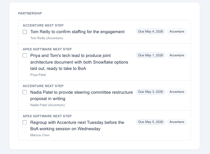 Bilateral next steps extracted from the meeting, each tagged Apex Software or Accenture with named owners and due dates